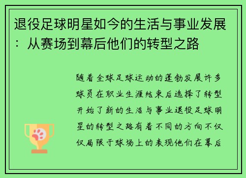 退役足球明星如今的生活与事业发展：从赛场到幕后他们的转型之路